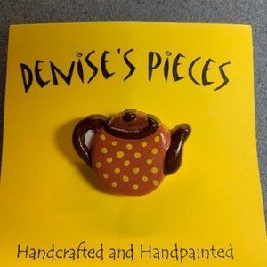 Tea Pot Pin Brooch Black Yellow Dots Brown Plaster Handmade Hand Painted